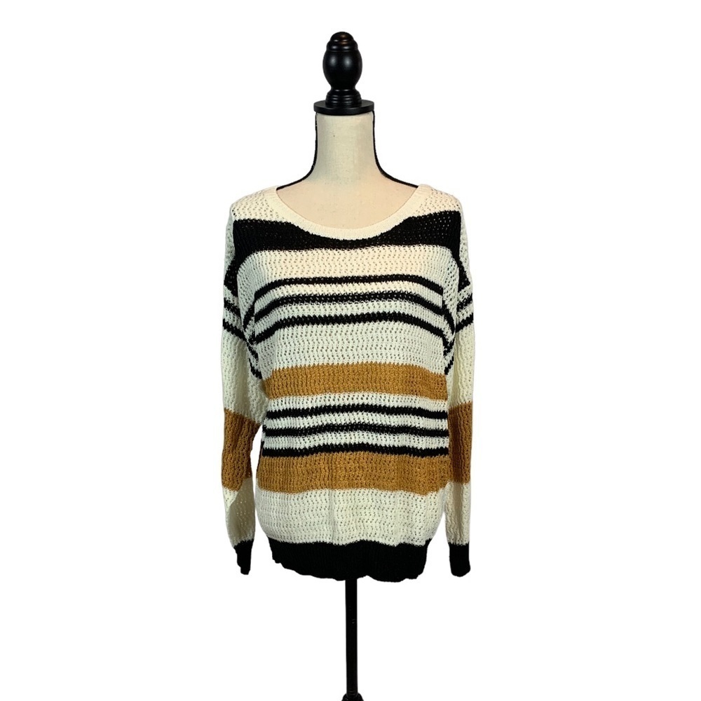 Newshows Black Tan Cream Striped Acrylic Sweater - Large